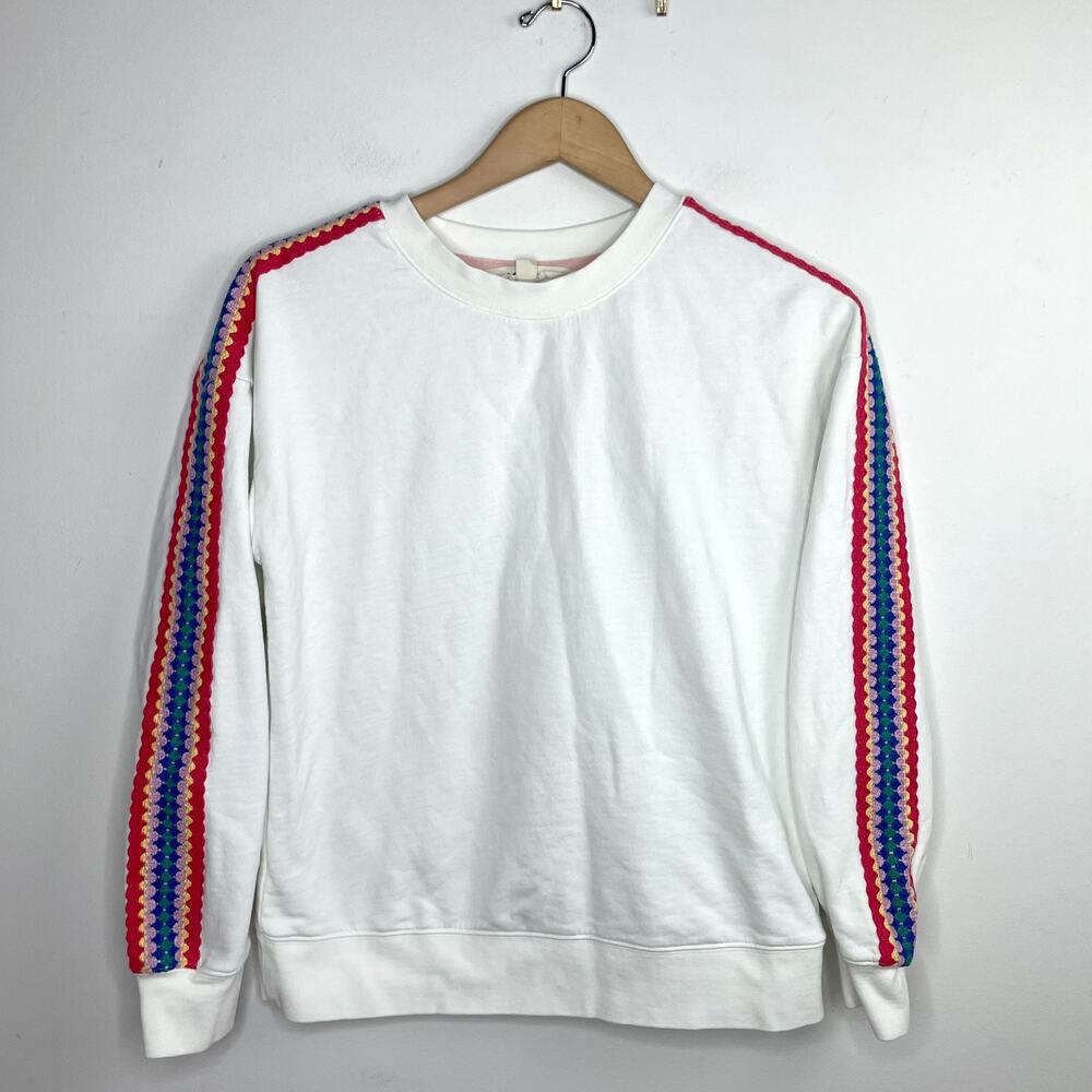 Boden Emi Pullover Sweatshirt Rainbow Crochet Sleeve Sz XS Cotton Boho Dopamine